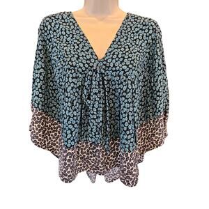 Zara size S floral Batwing shaw viacose teal back boho layering top asymmetrical